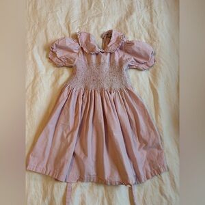 Smocked Pink Puff-Sleeve Girls' Dress with Ruffled Collar